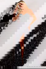 Black strapless ballgown with ruffle layers and velvet top