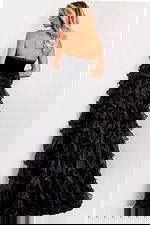 Pageant-ready gown with dramatic black ruffle skirt and fitted bodice