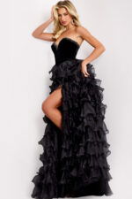 Sweetheart neckline dress with rhinestone trim and high slit