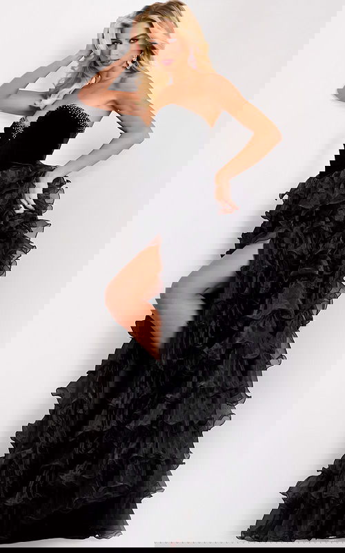 Sweetheart neckline dress with rhinestone trim and high slit