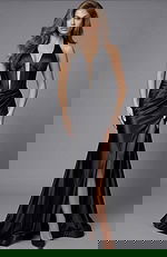 plunging neckline high slit satin dress 41012