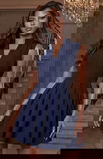 Short fit and flare dress with V neckline and pleated skirt front view