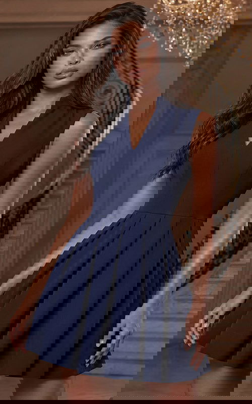 Short fit and flare dress with V neckline and pleated skirt front view