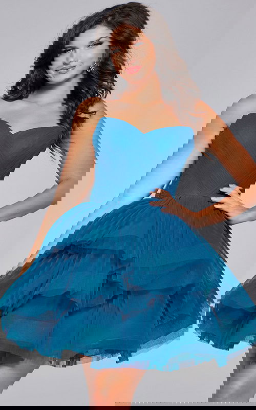 Model in Jovani 41054 blue dress with sweetheart neckline, front view.