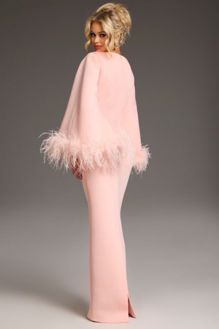 Back view of Jovani 41077 blush gown highlighting the sleek silhouette and feathered sleeves.
