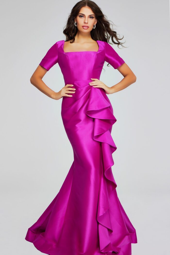 Model wearing Jovani 41128 featuring a mermaid silhouette, square neckline, and short sleeves in lilac.