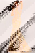 Strapless metallic floral mermaid gown with sculpted fit and shawl