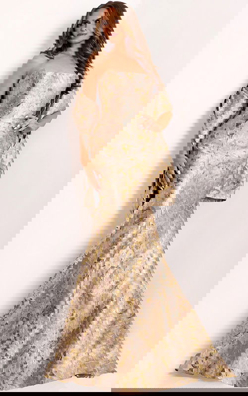 Elegant brocade evening gown with dramatic back bow detail