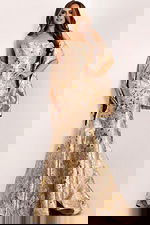 Floral metallic prom dress with strapless neckline and flared hem