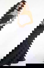 Front view of strapless textured mermaid gown with sculpted fitted silhouette