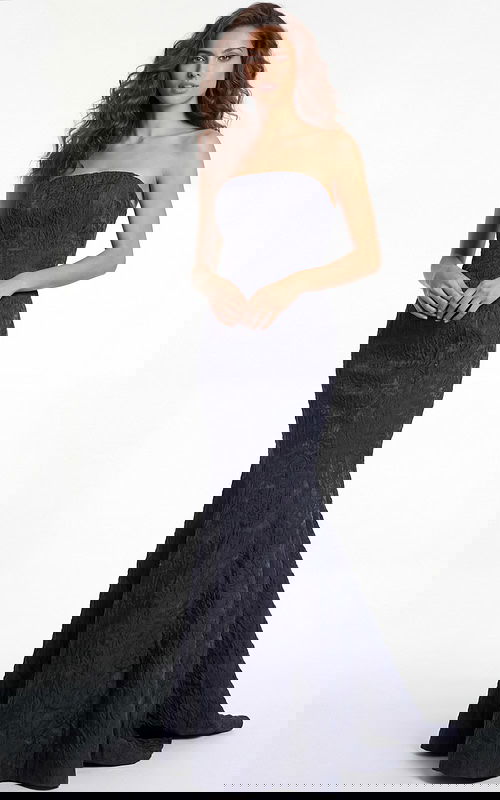 Front view of strapless textured mermaid gown with sculpted fitted silhouette