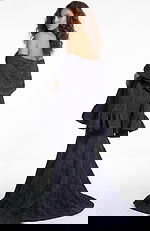 Strapless mermaid gown in textured fabric with dramatic floor length train