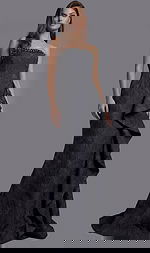 Strapless black evening gown with textured fabric and beaded neckline shown from the front