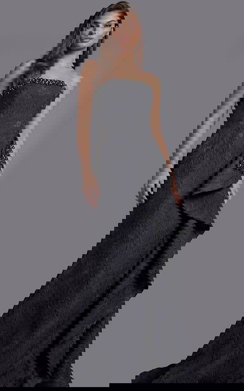 Strapless black evening gown with textured fabric and beaded neckline shown from the front