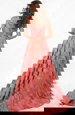 A line gown with open V back and flowing floor length skirt