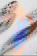 model wearing Jovani 41171 close-up front view embellished mini dress