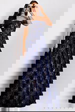 Front view of strapless navy floral embroidered gown