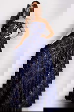 Elegant navy gown with sheer floral textured skirt