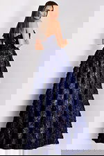 Back view of A-line navy evening dress with 3D rose detailing