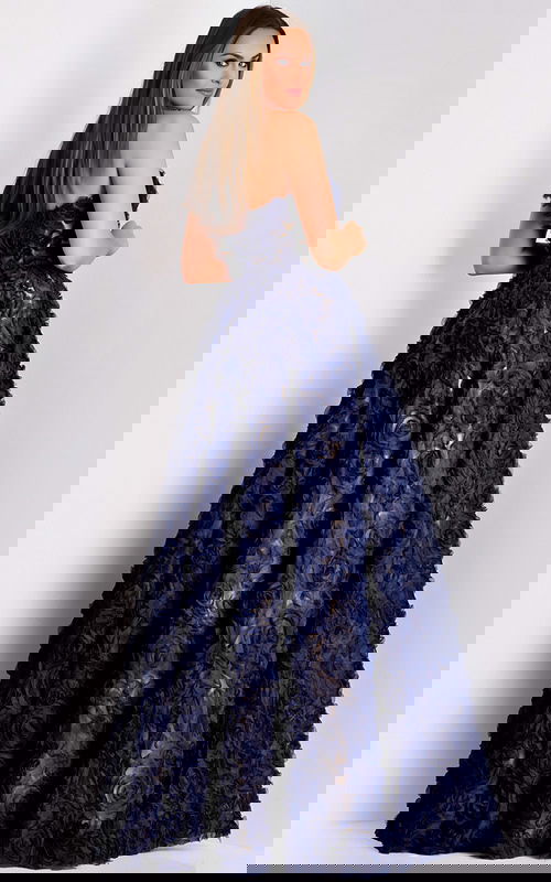 Back view of A-line navy evening dress with 3D rose detailing