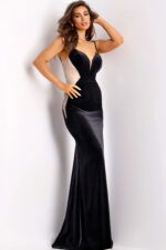 Side view of fitted black evening dress with crystal mesh details