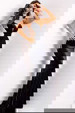 Side view of fitted black evening dress with crystal mesh details