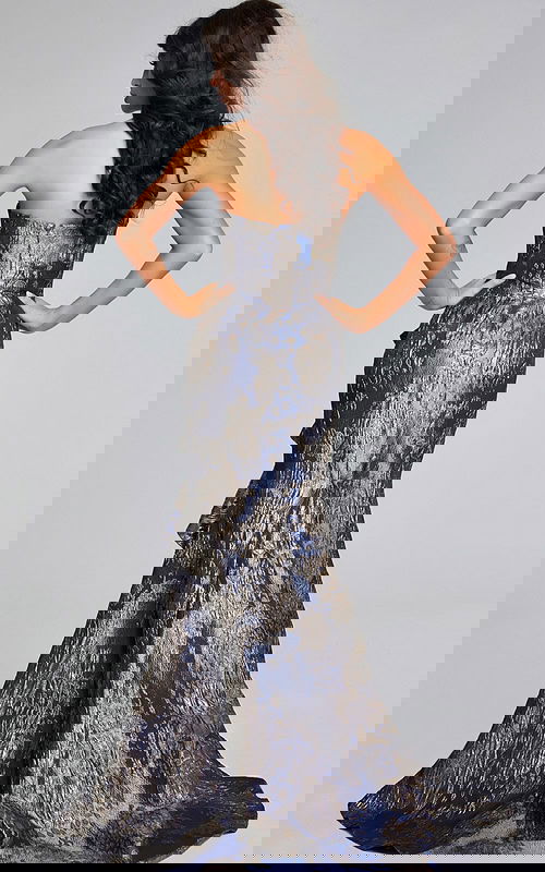 model wearing Jovani 42028 gunmetal gray gown back view