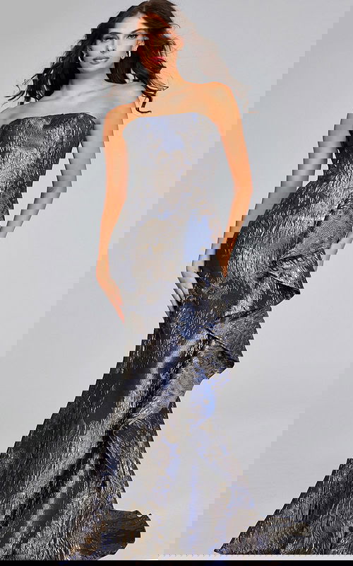 model wearing Jovani 42028 gunmetal gray gown front view