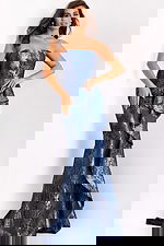 Strapless navy mermaid gown with side drape and shawl