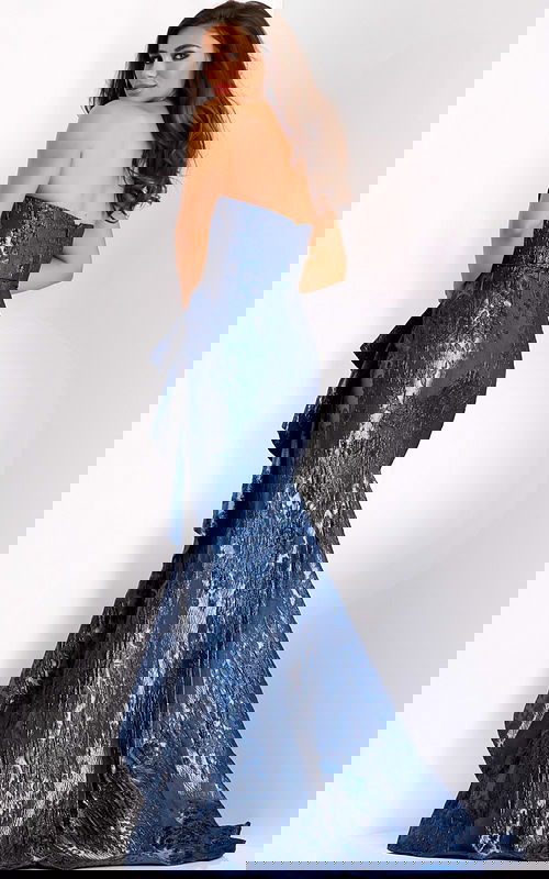 Back view of metallic navy evening gown in jacquard fabric