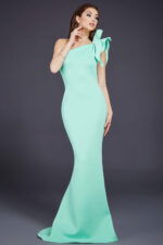 Jovani 32602 in aqua green, front view with bow detail