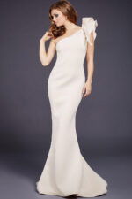 Front view of Jovani 32602 ivory gown with elegant mermaid design