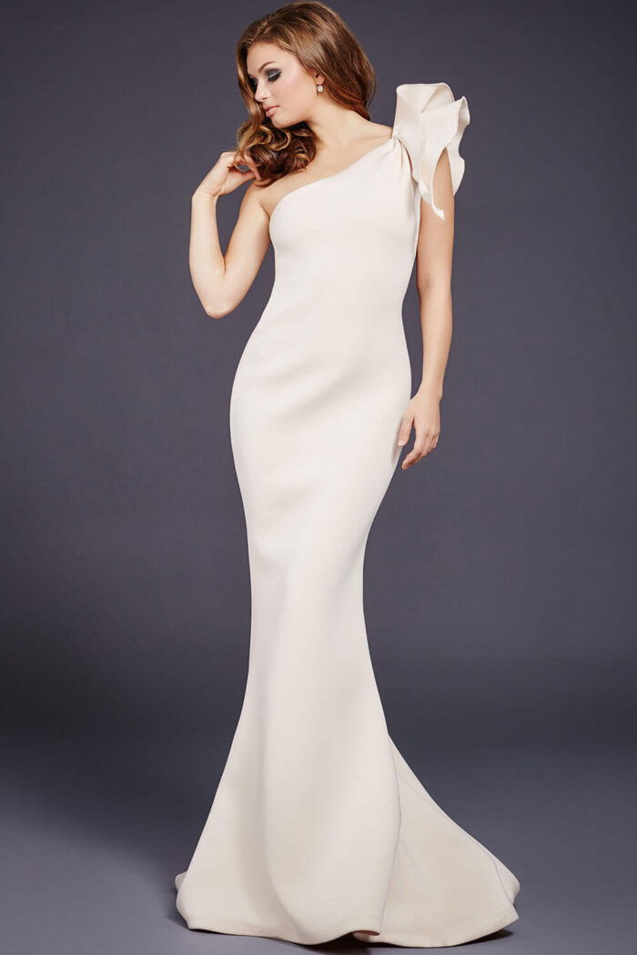Front view of Jovani 32602 ivory gown with elegant mermaid design