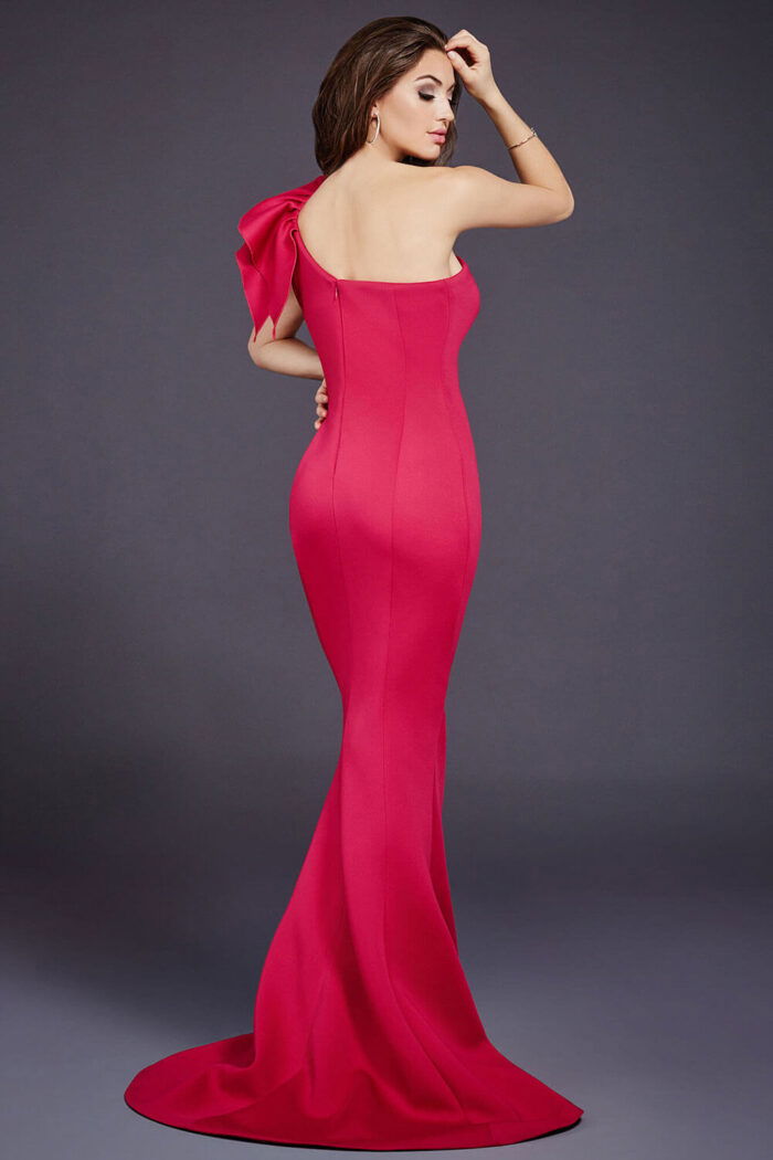 Back view of Jovani 32602 fuchsia gown with one-shoulder design