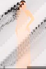 Nude silver sheath gown with high neckline and diamond beading