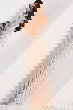 Back view of nude silver evening gown with closed back