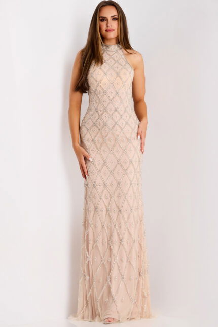 Elegant sleeveless mesh gown with silver embroidery and shimmer