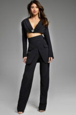 Chic black tailored two-piece suit with a cropped blazer and high-waisted pants