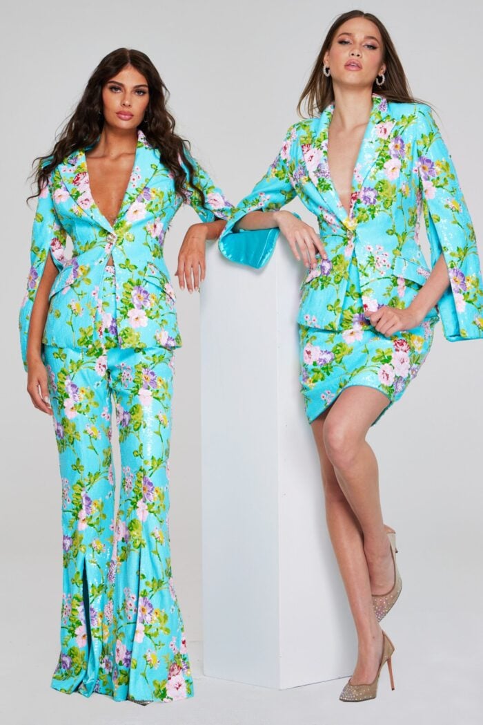 front view of models in Jovani 42146 floral print jacket and pants, and another similar ensemble.