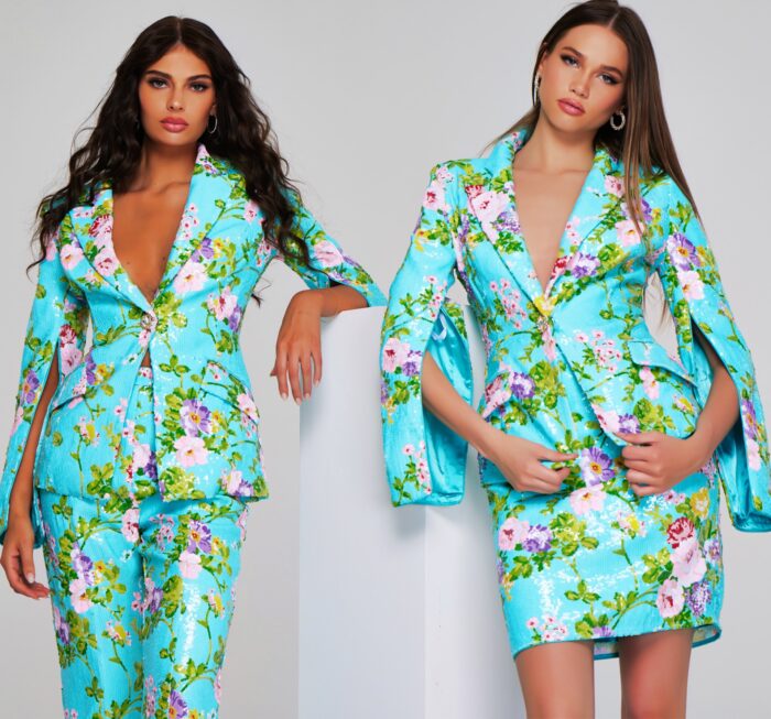 models wearing Jovani 42146 and 42147 multi-colored floral print ensembles.