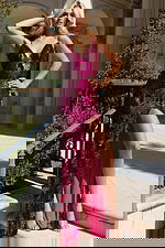 Sequin fitted gown with V-neckline and high slit