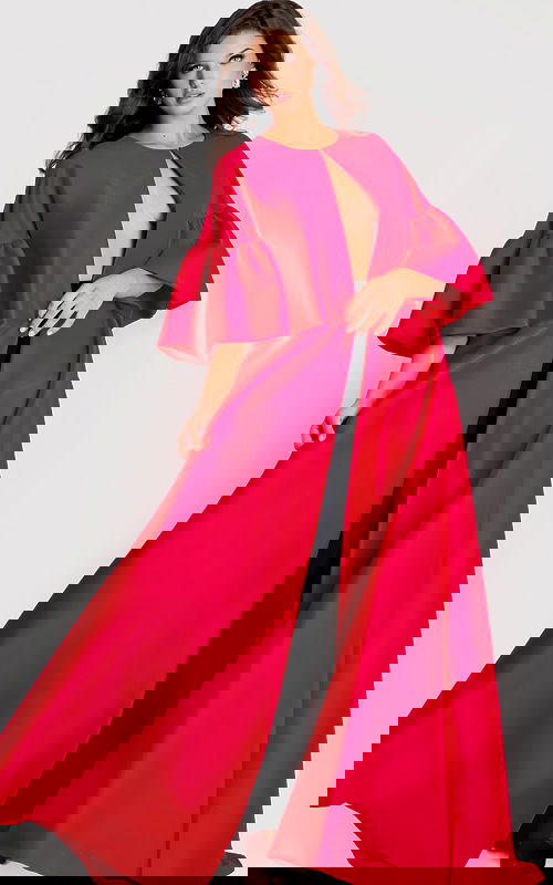 Dramatic floor-length cape with flared sleeves and open front, styled in bold satin fabric for a statement look.