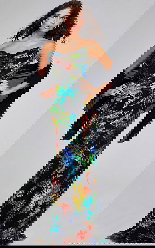 Model wearing Jovani 42164 multi-color gown with elegant floral patterns, front view.