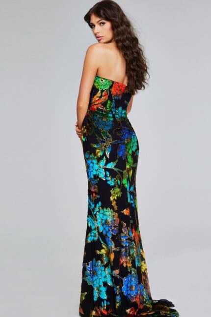 Model showing the back of Jovani 42164 floral multi-color gown.