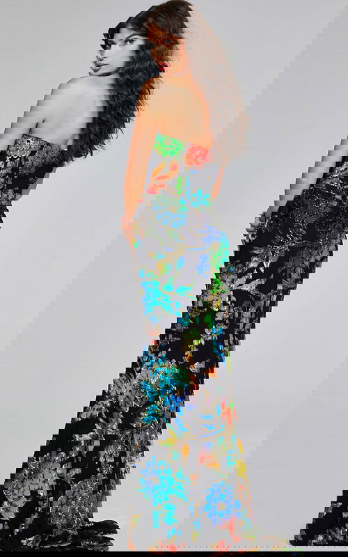 Model showing the back of Jovani 42164 floral multi-color gown.