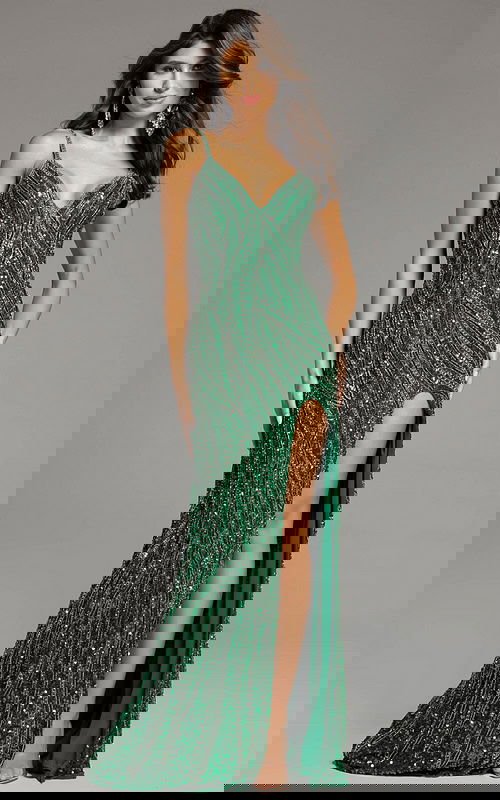 v neck green high slit dress 42176