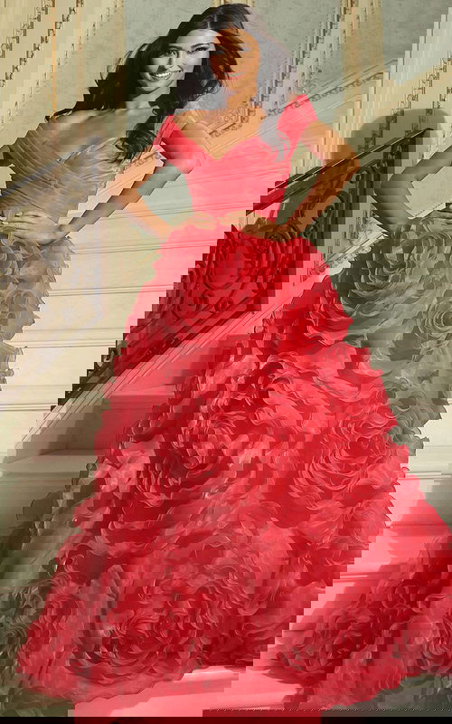 ruffled off the shoulder ball gown 42187