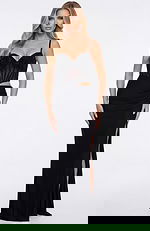 Beaded corset gown with spaghetti straps, fitted skirt, and side slit