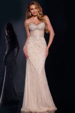 Model wearing Jovani 42206 silver dress with intricate beadwork, front view.