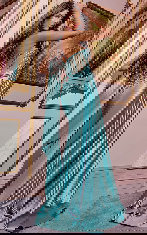 Model wearing Jovani 42210 dress showing lace-up back detail.